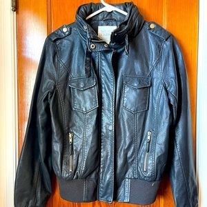 Women’s black leather jacket w/ hidden hoodie
